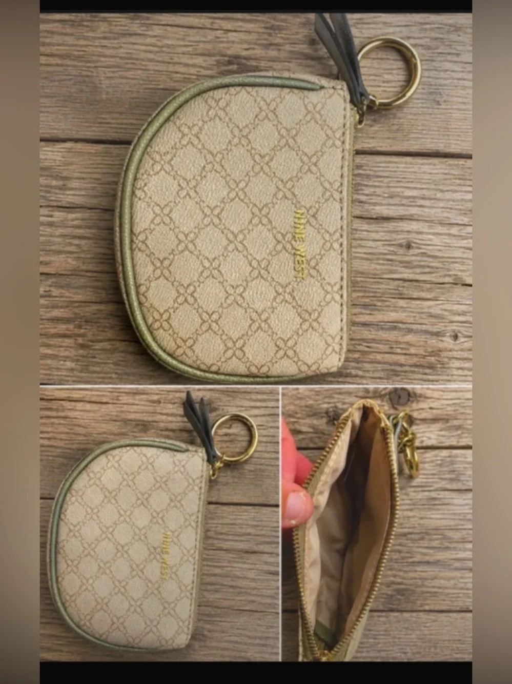 Nine West Beige Patterned Coin Pouch with Olive Trim